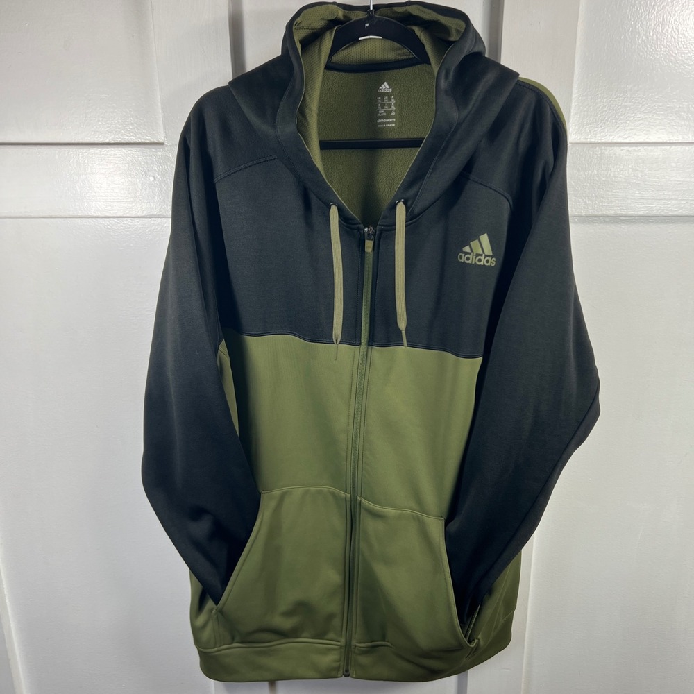 Adidas Climawarm Hoodie Mens 2XL Green Black Colorblock Full Zip Fleece Jacket